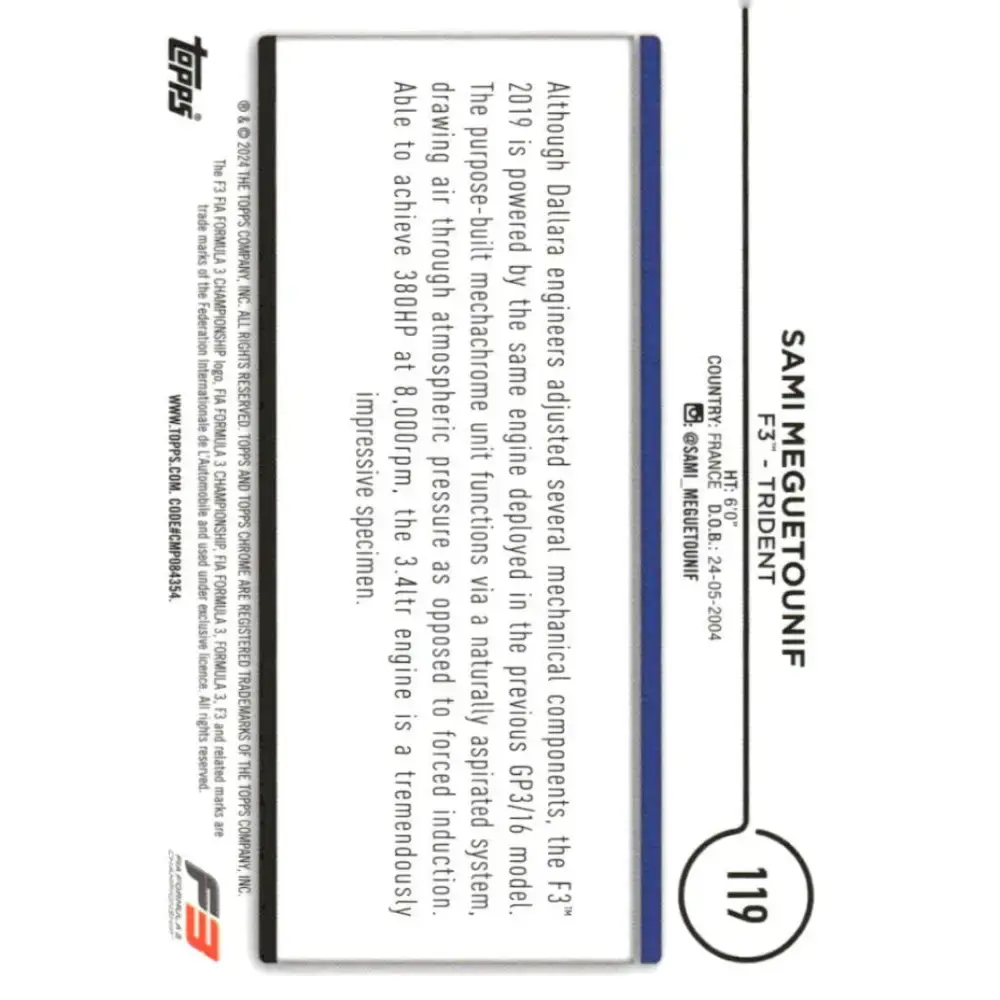 2024 Topps Chrome Formula 1 #119 Sami Meguetounif EX Excellent F3 - Trident Racing Card