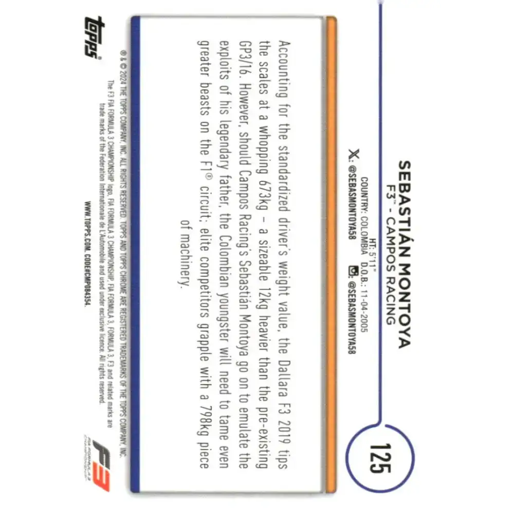 2024 Topps Chrome Formula 1 #125 Sebastian Montoya EX Excellent F3 - Campos Racing Racing Card - Racing Card Single