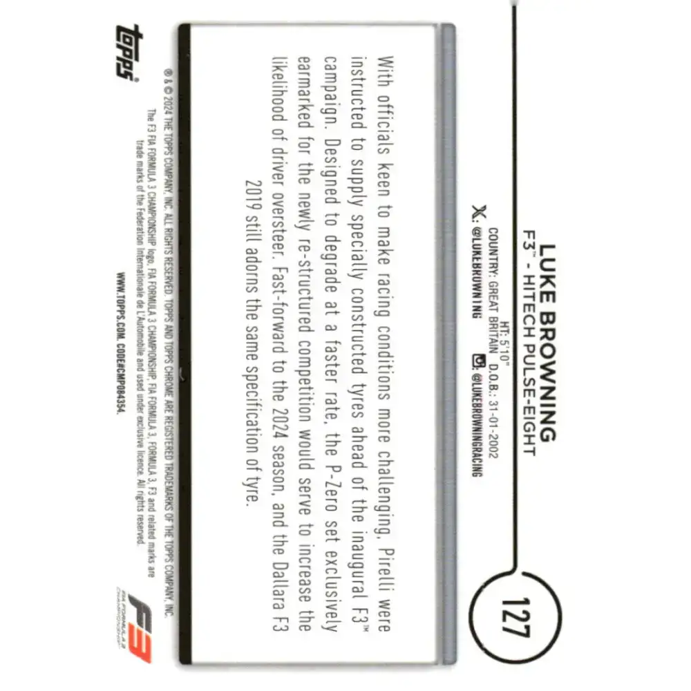 2024 Topps Chrome Formula 1 #127 Luke Browning NM-MT F3 - Hitech Pulse-Eight Racing Card - Racing Card Single
