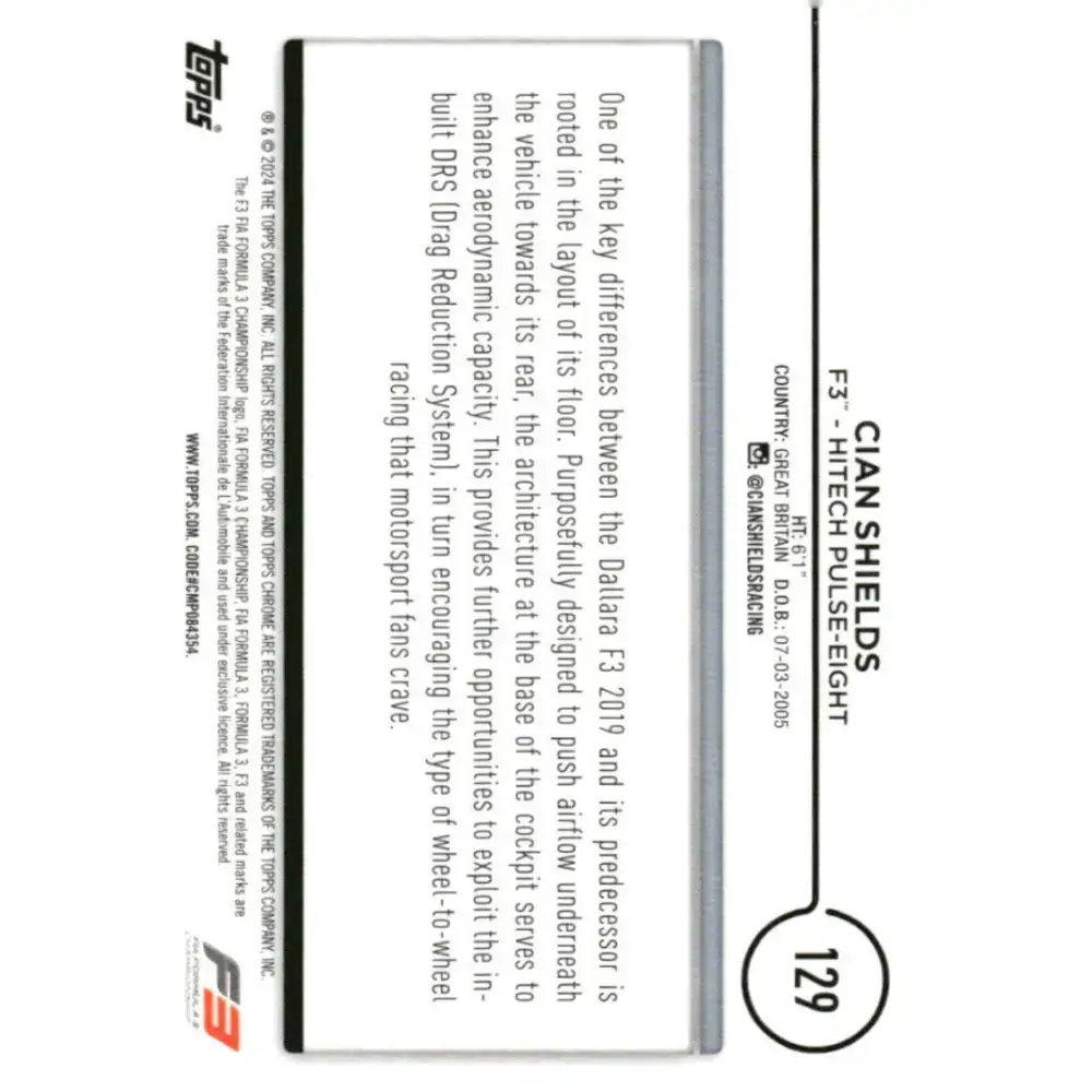 2024 Topps Chrome Formula 1 #129 Cian Shields EX Excellent F3 - Hitech Pulse-Eight Racing Card