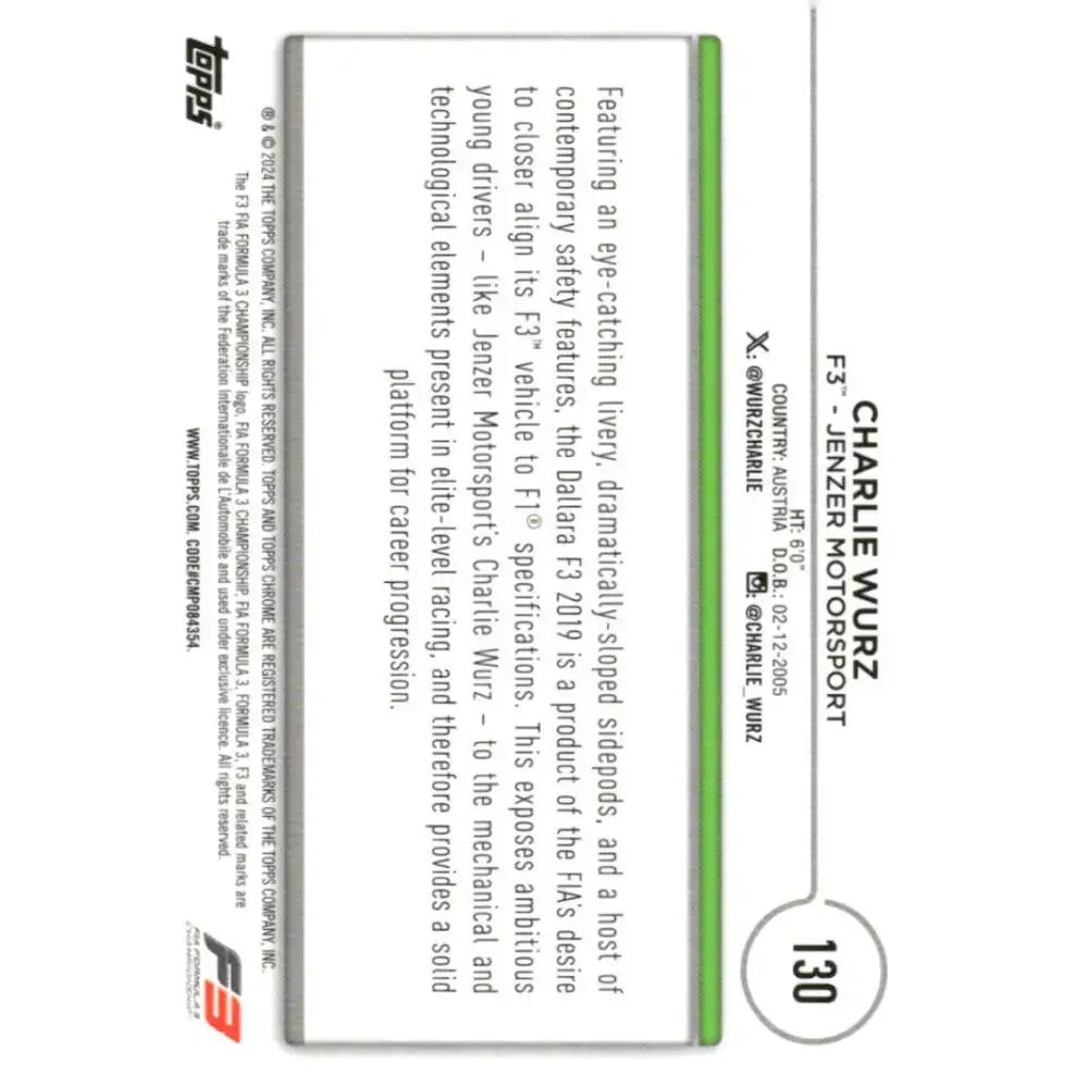 2024 Topps Chrome Formula 1 #130 Charlie Wurz NM-MT F3 - Jenzer Motorsport Racing Card - Racing Card Single