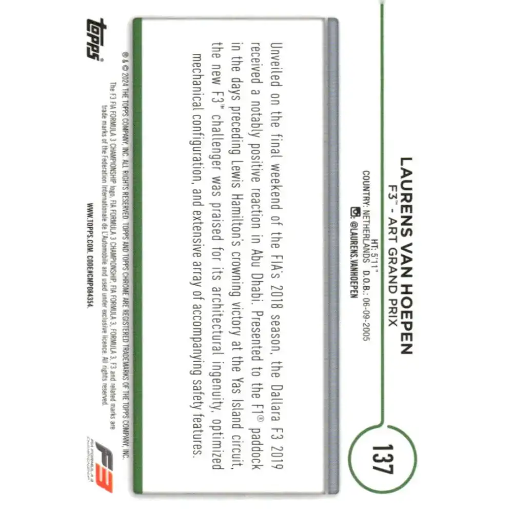 2024 Topps Chrome Formula 1 #137 Laurens van Hoepen EX Excellent F3 - ART Grand Prix Racing Card - Racing Card Single