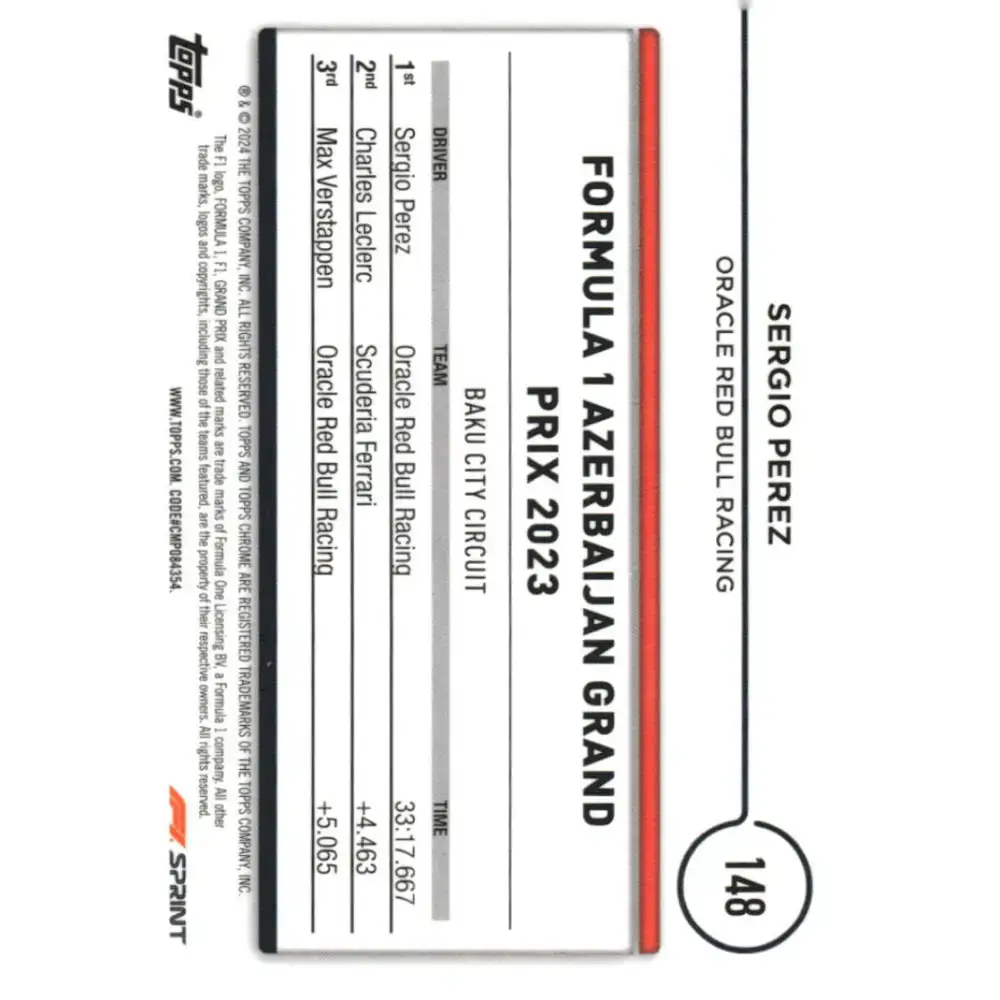 2024 Topps Chrome Formula 1 #148 Sergio Perez NM-MT Oracle Red Bull Racing Racing Card - Racing Card Single