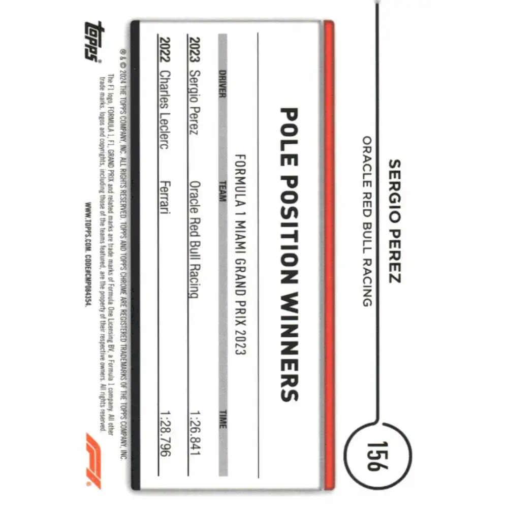 2024 Topps Chrome Formula 1 #156 Sergio Perez NM-MT Oracle Red Bull Racing Racing Card - Racing Card Single