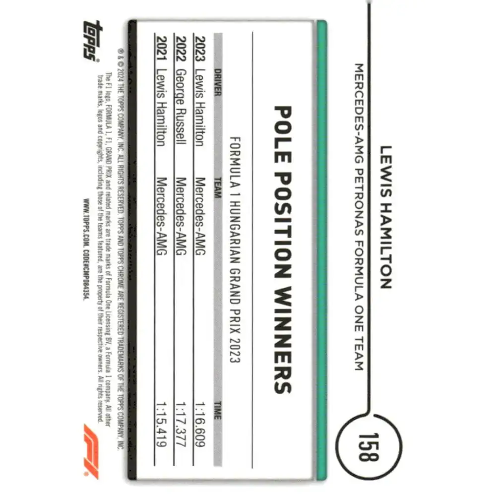 2024 Topps Chrome Formula 1 #158 Lewis Hamilton EX Excellent Mercedes-AMG Petronas Formula One Team Racing Card