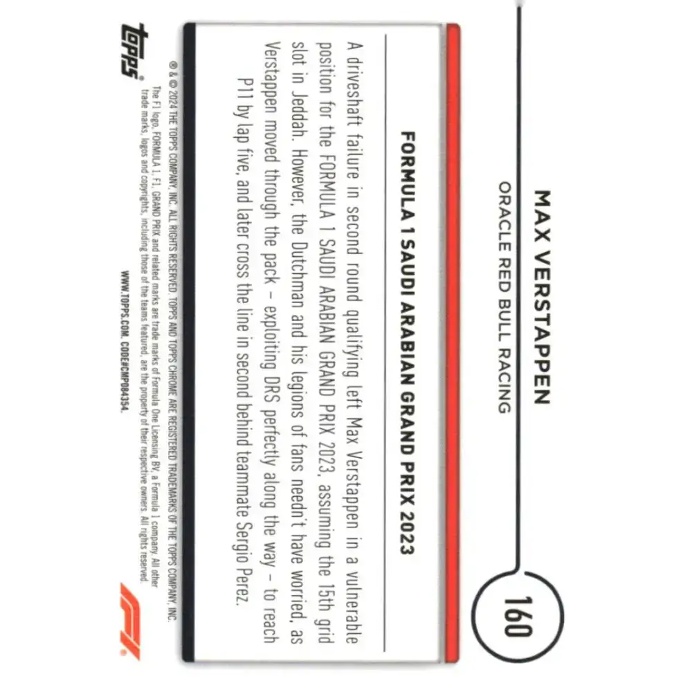 2024 Topps Chrome Formula 1 #160 Max Verstappen NM-MT Oracle Red Bull Racing Racing Card - Racing Card Single