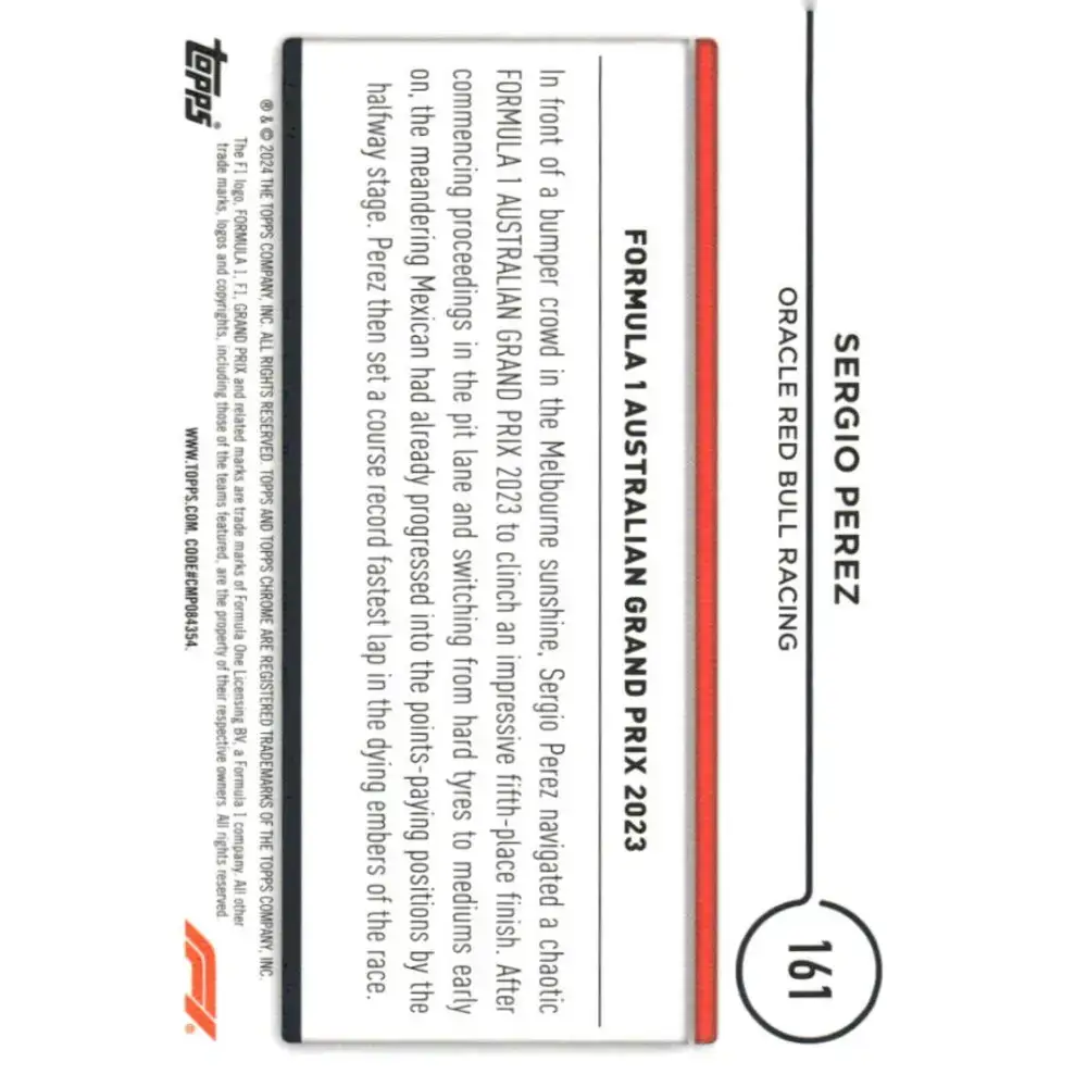 2024 Topps Chrome Formula 1 #161 Sergio Perez NM-MT Oracle Red Bull Racing Racing Card - Racing Card Single