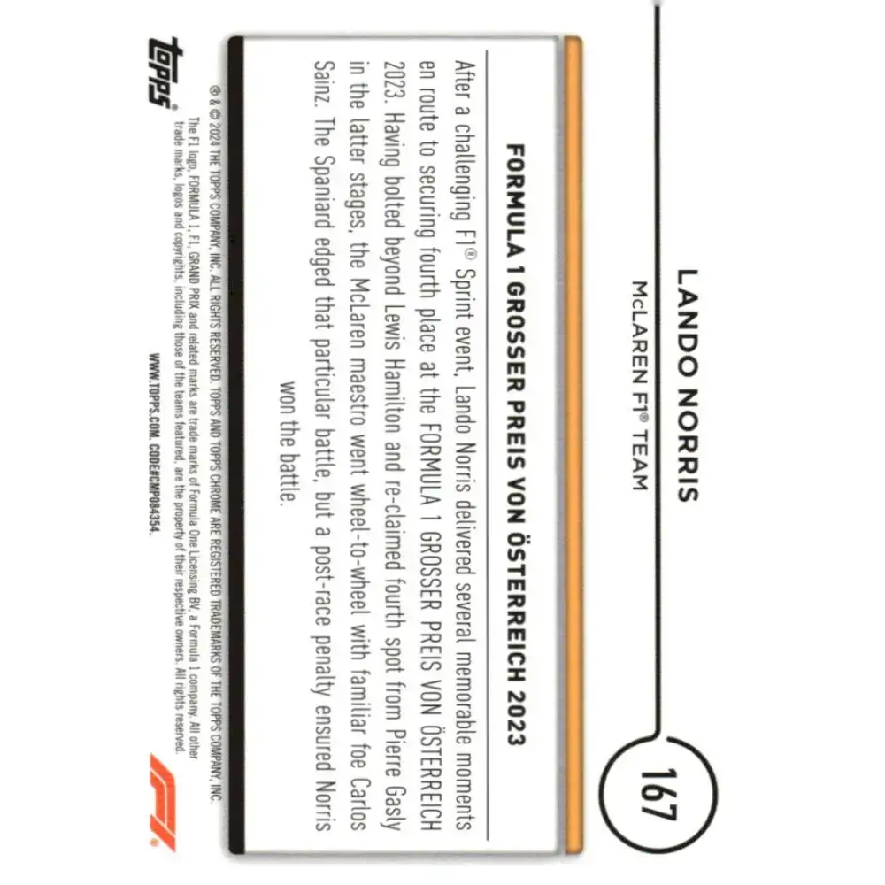 2024 Topps Chrome Formula 1 #167 Lando Norris EX Excellent McLaren F1 Team Racing Card - Racing Card Single