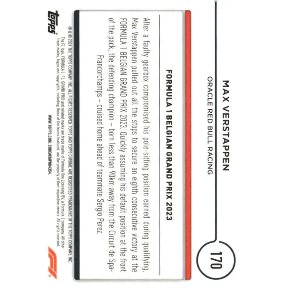2024 Topps Chrome Formula 1 #170 Max Verstappen EX Excellent Oracle Red Bull Racing Racing Card - Racing Card Single