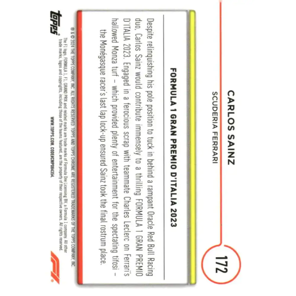 2024 Topps Chrome Formula 1 #172 Carlos Sainz NM-MT Scuderia Ferrari HP Racing Card - Racing Card Single