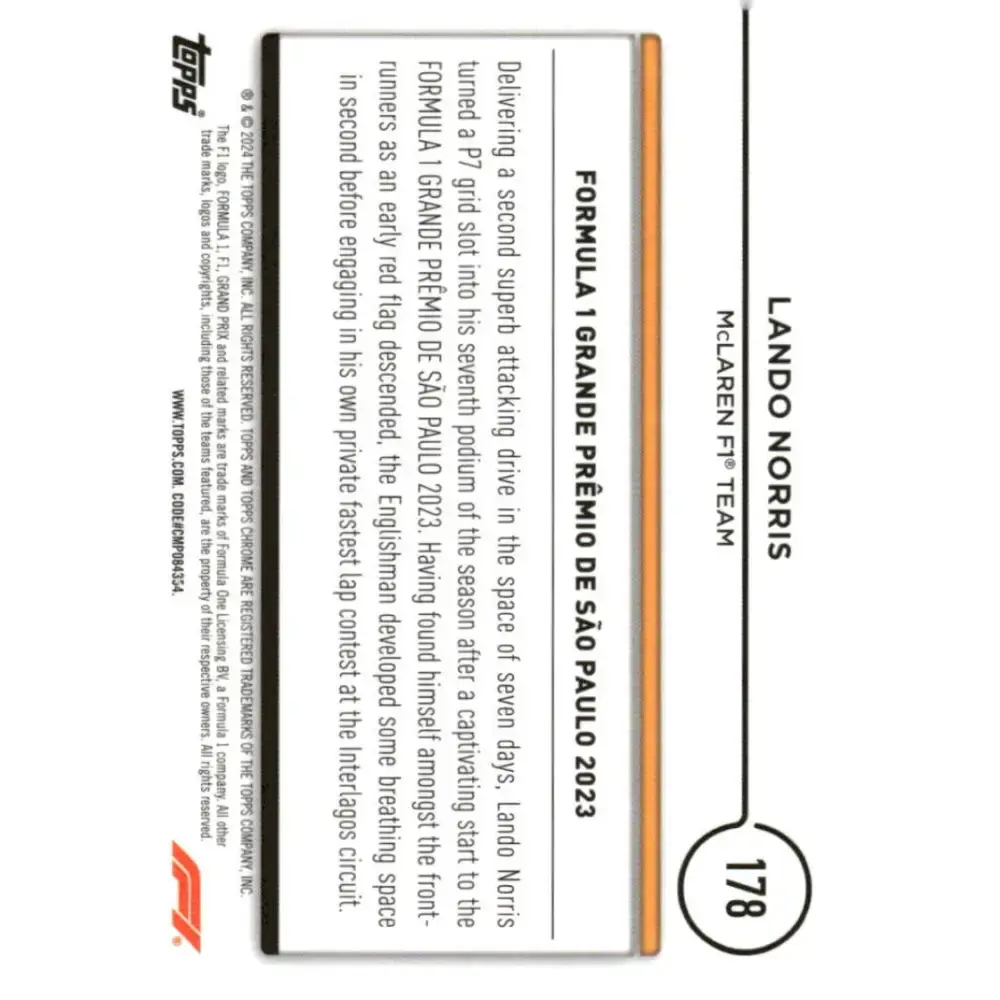 2024 Topps Chrome Formula 1 #178 Lando Norris NM-MT McLaren F1 Team Racing Card