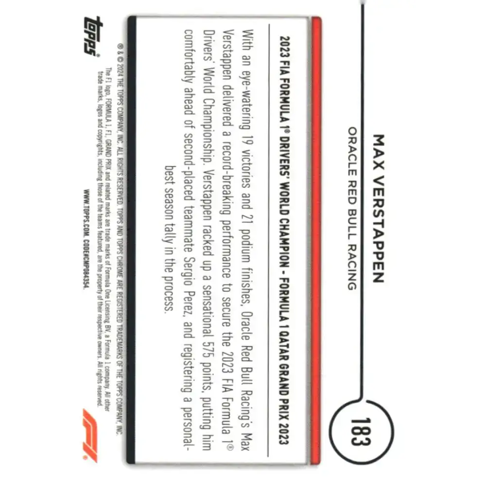 2024 Topps Chrome Formula 1 #183 Max Verstappen NM-MT Oracle Red Bull Racing Racing Card - Racing Card Single
