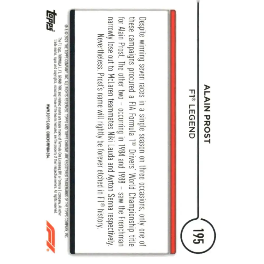 2024 Topps Chrome Formula 1 #195 Alain Prost NM-MT Legend Racing Card - Racing Card Single