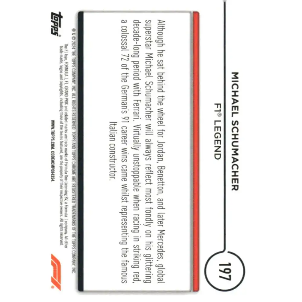 2024 Topps Chrome Formula 1 #197 Michael Schumacher NM-MT Legend Racing Card - Racing Card Single