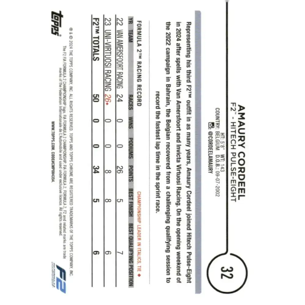 2024 Topps Chrome Formula 1 #32 Amaury Cordeel NM-MT F2 - Hitech Pulse-Eight Racing Card - Racing Card Single