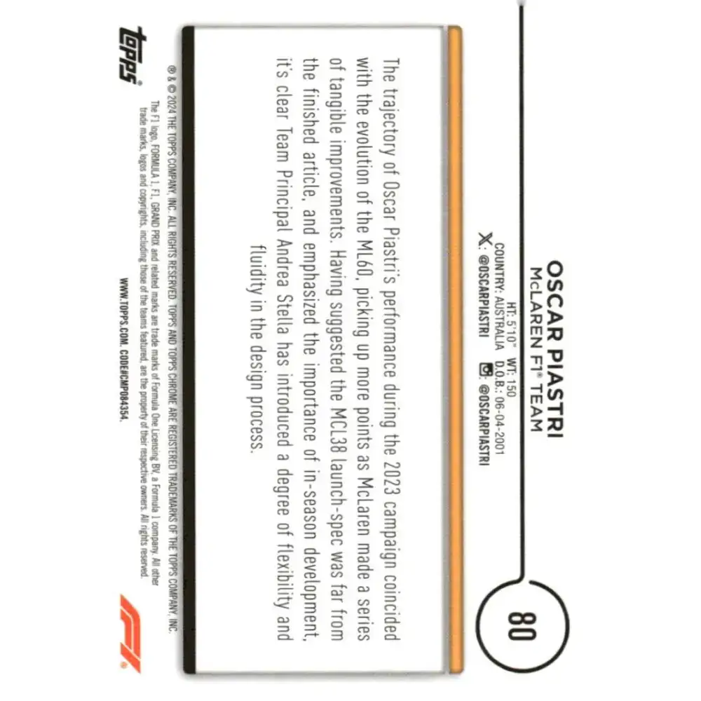 2024 Topps Chrome Formula 1 #80 Oscar Piastri NM-MT McLaren F1 Team Racing Card - Racing Card Single