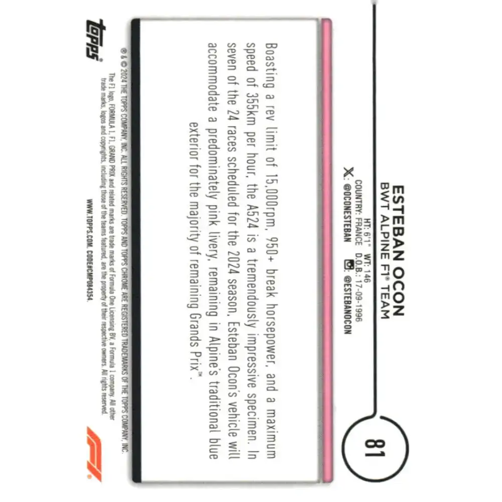 2024 Topps Chrome Formula 1 #81 Esteban Ocon EX Excellent BWT Alpine F1 Team Racing Card - Racing Card Single