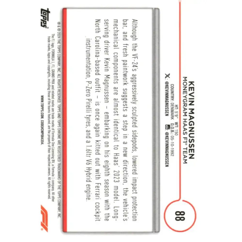 2024 Topps Chrome Formula 1 #88 Kevin Magnussen EX Excellent MoneyGram Haas F1 Team Racing Card - Racing Card Single