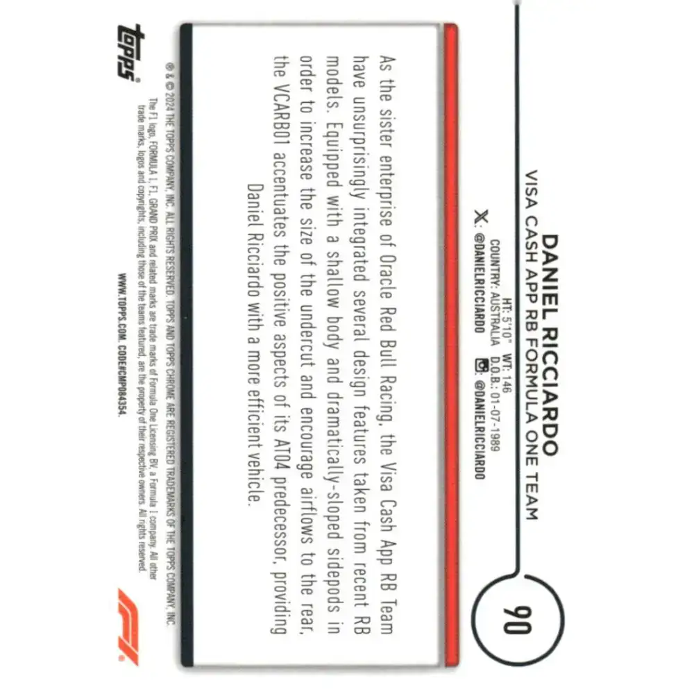 2024 Topps Chrome Formula 1 #90 Daniel Ricciardo EX Excellent Visa Cash App RB Formula One Team Racing Card - Racing