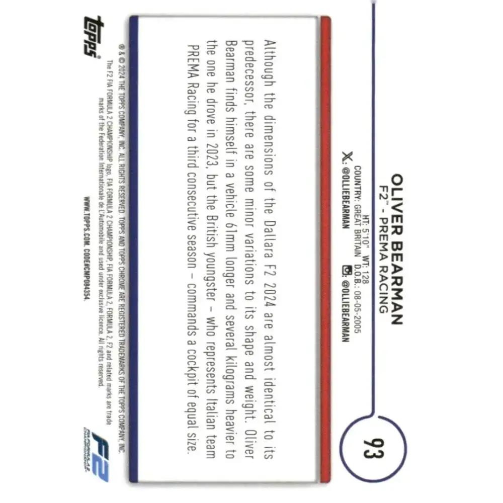 2024 Topps Chrome Formula 1 #93 Oliver Bearman NM-MT F2 - PREMA Racing Racing Card - Racing Card Single