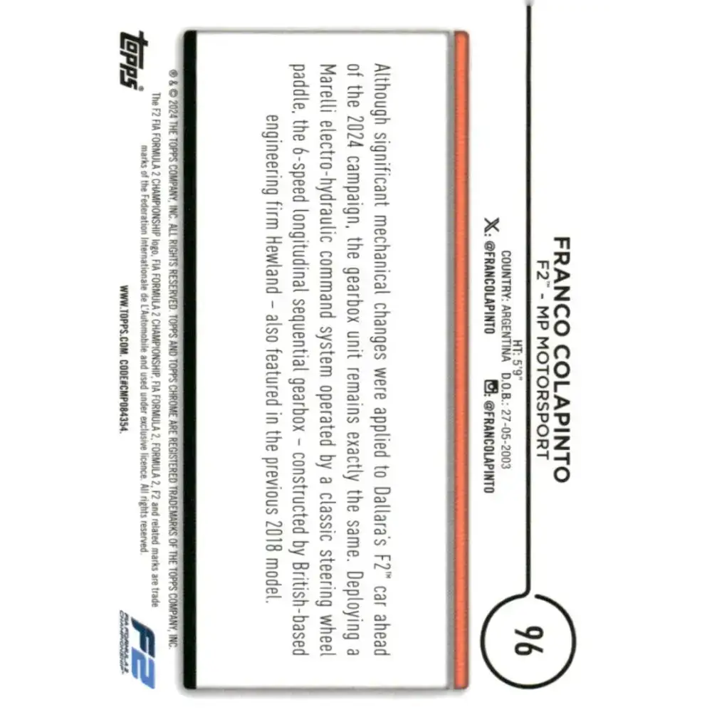 2024 Topps Chrome Formula 1 #96 Franco Colapinto EX Excellent F2 - MP Motorsport Racing Card - Racing Card Single