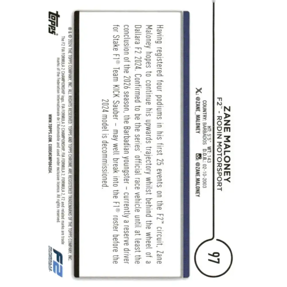 2024 Topps Chrome Formula 1 #97 Zane Maloney NM-MT F2 - Rodin Motorsport Racing Card - Racing Card Single
