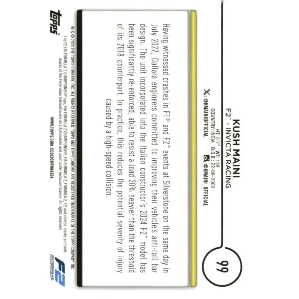 2024 Topps Chrome Formula 1 #99 Kush Maini NM-MT F2 - Invicta Racing Racing Card