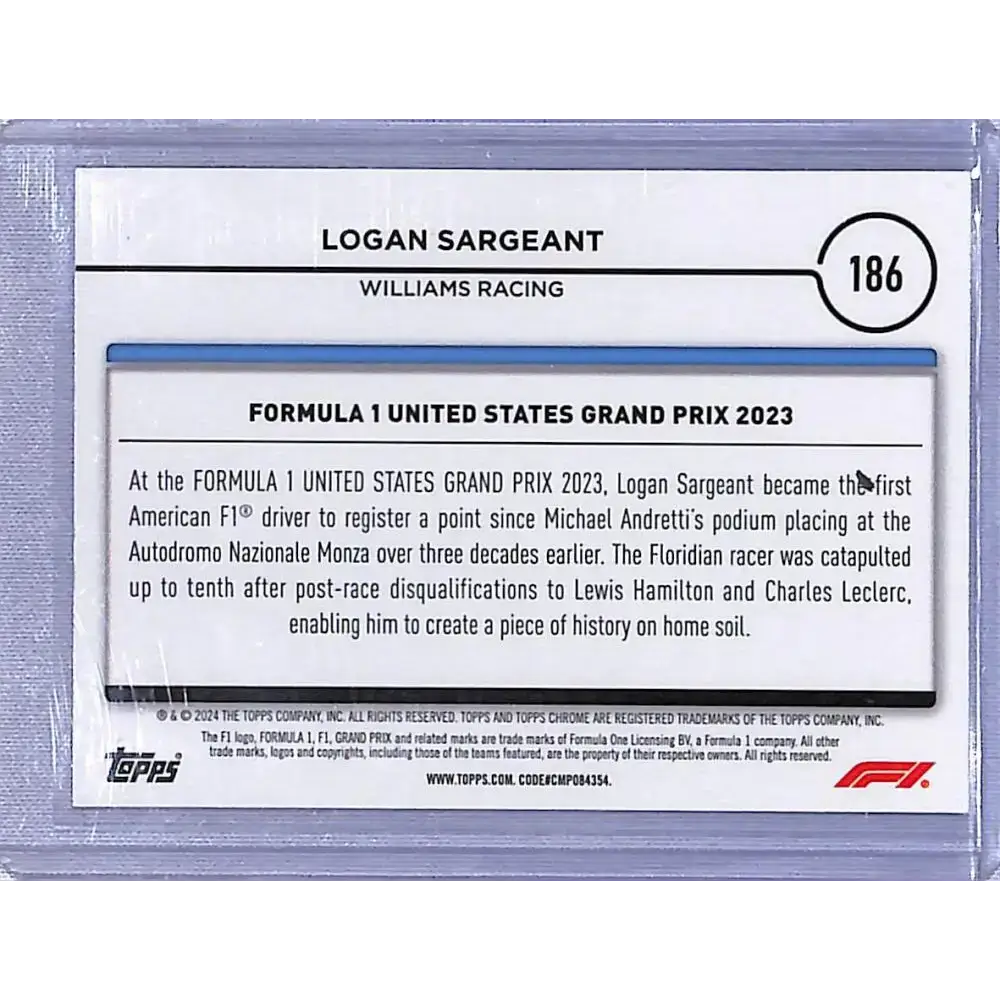 2024 Topps Chrome Formula 1 Refractor Pink RayWave #186 Logan Sargeant NM-MT 37/75 Williams Racing Racing Card - Racing
