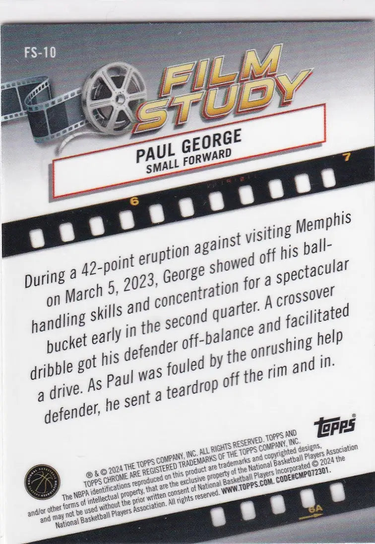 2024 TOPPS CHROME #FS-10 PAUL GEORGE FILM STUDY BLUE HOLO- LOS ANGELES CLIPPERS - Basketball Card Single