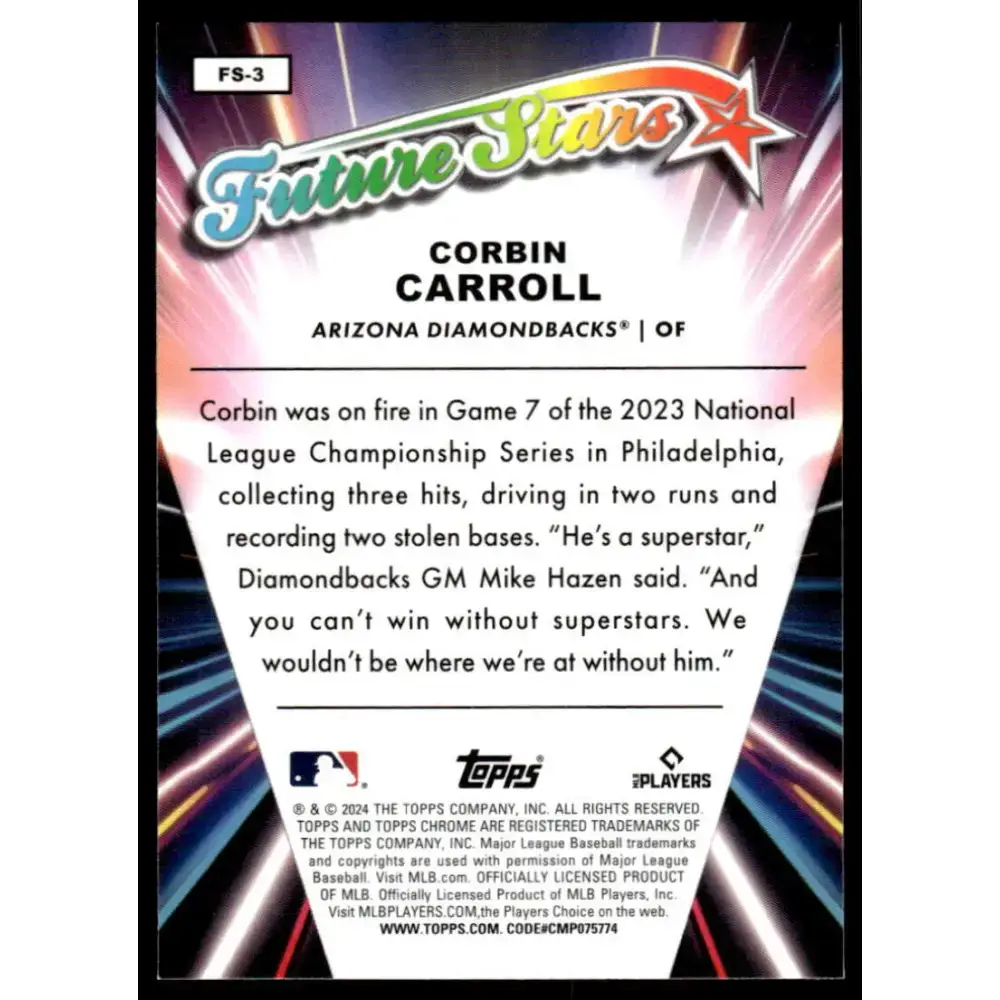 2024 Topps Chrome Future Stars Refractor #FS-3 Corbin Carroll NM-MT Arizona Diamondbacks Baseball Card - Baseball Card