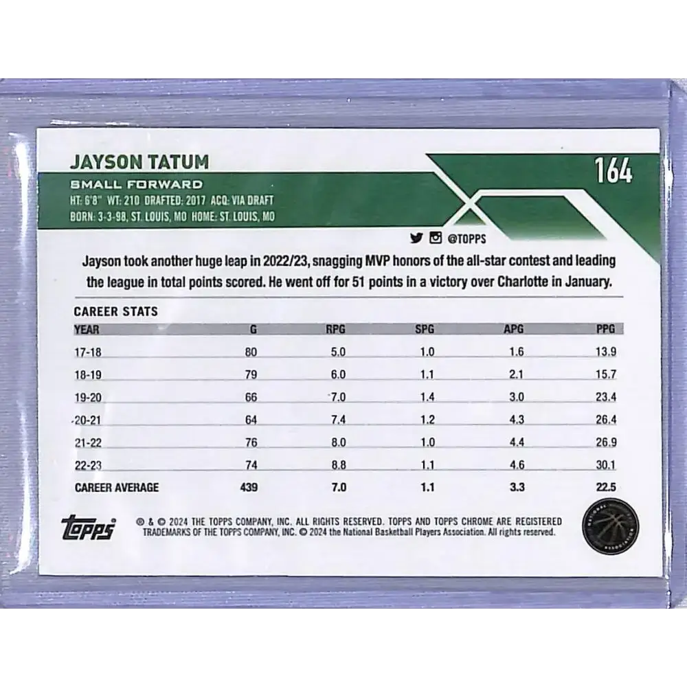 2024 Topps Chrome Green Logo Refractor #164 Jayson Tatum NM-MT Boston Celtics - Basketball Card Single