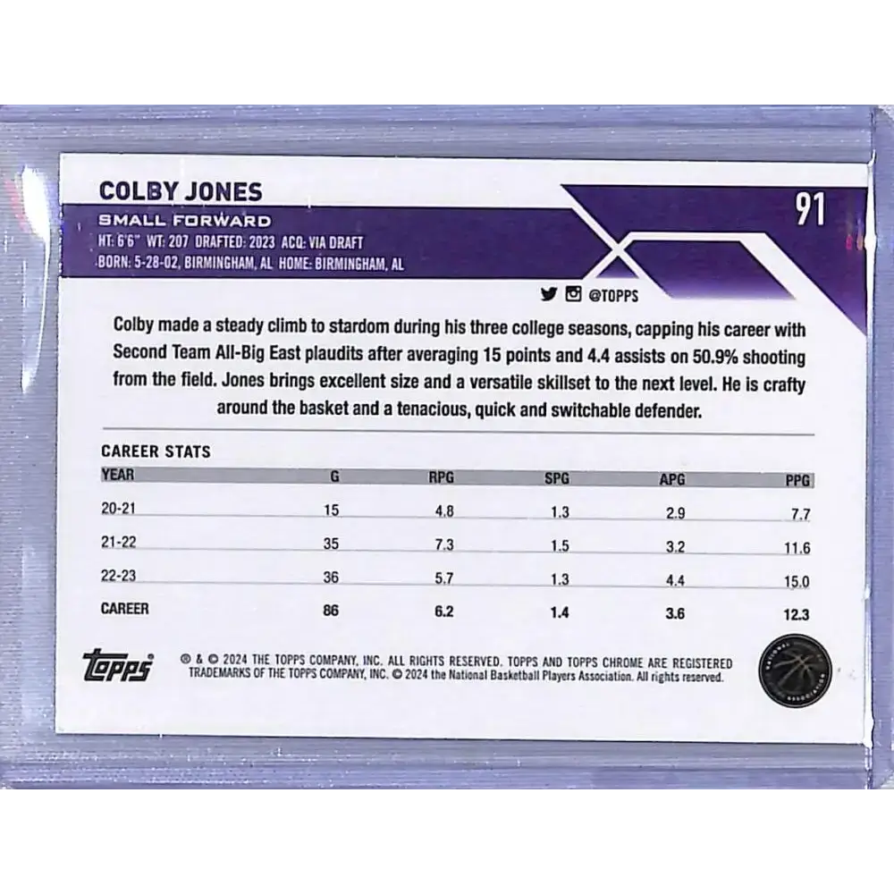 2024 Topps Chrome Green Logo Refractor #91 Colby Jones NM-MT Sacramento Kings - Basketball Card Single