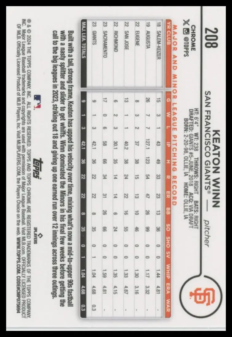 2024 Topps Chrome Keaton Winn RC 208 San Francisco Giants Baseball NM - Baseball Card Single