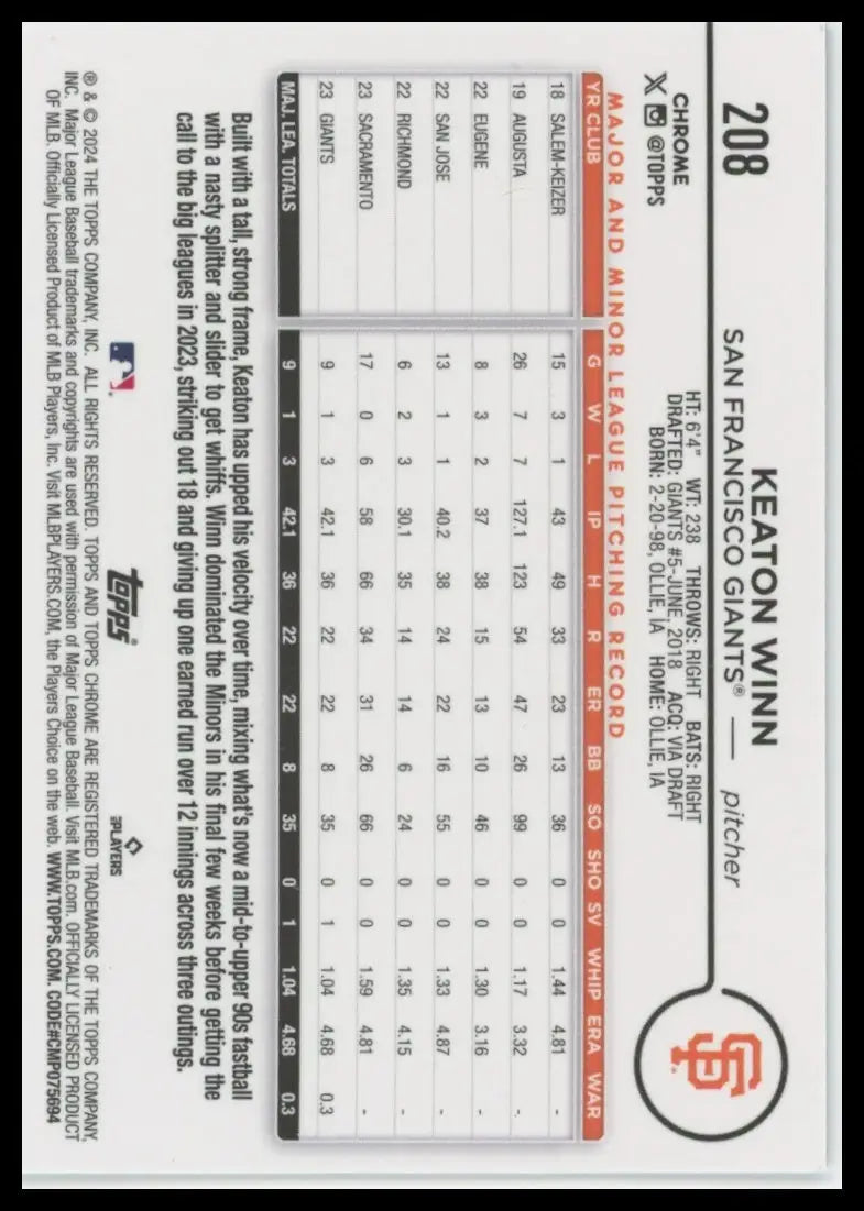 2024 Topps Chrome Keaton Winn RC 208 San Francisco Giants NM - Baseball Card Single