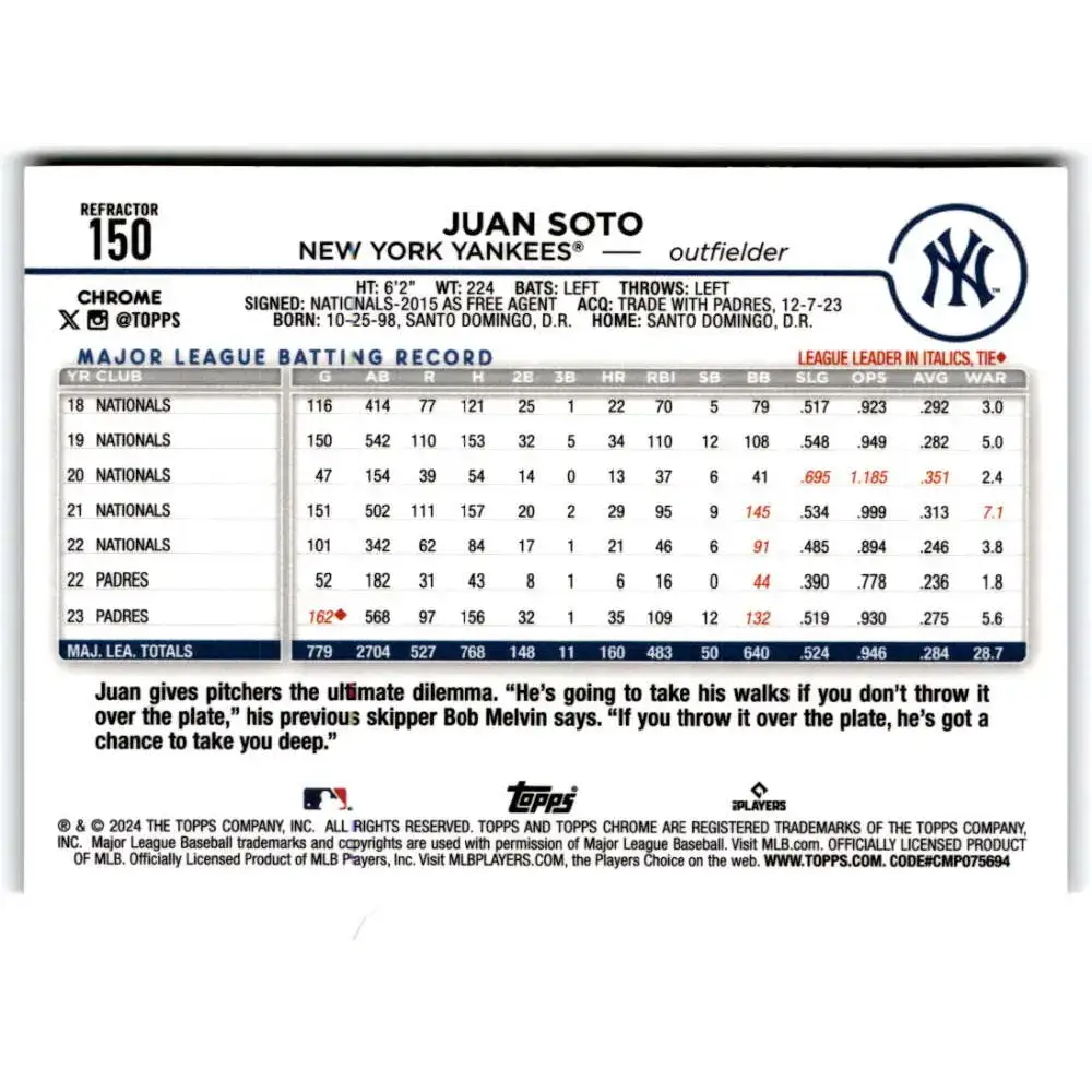 2024 Topps Chrome Refractor #150 Juan Soto NM-MT New York Yankees Baseball Card - Baseball Card Single