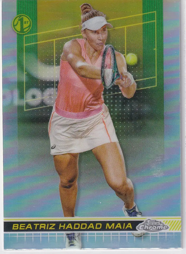 Tennis player Beatriz Haddad Maia in pink attire hitting a backhand for Topps Chrome Refractor