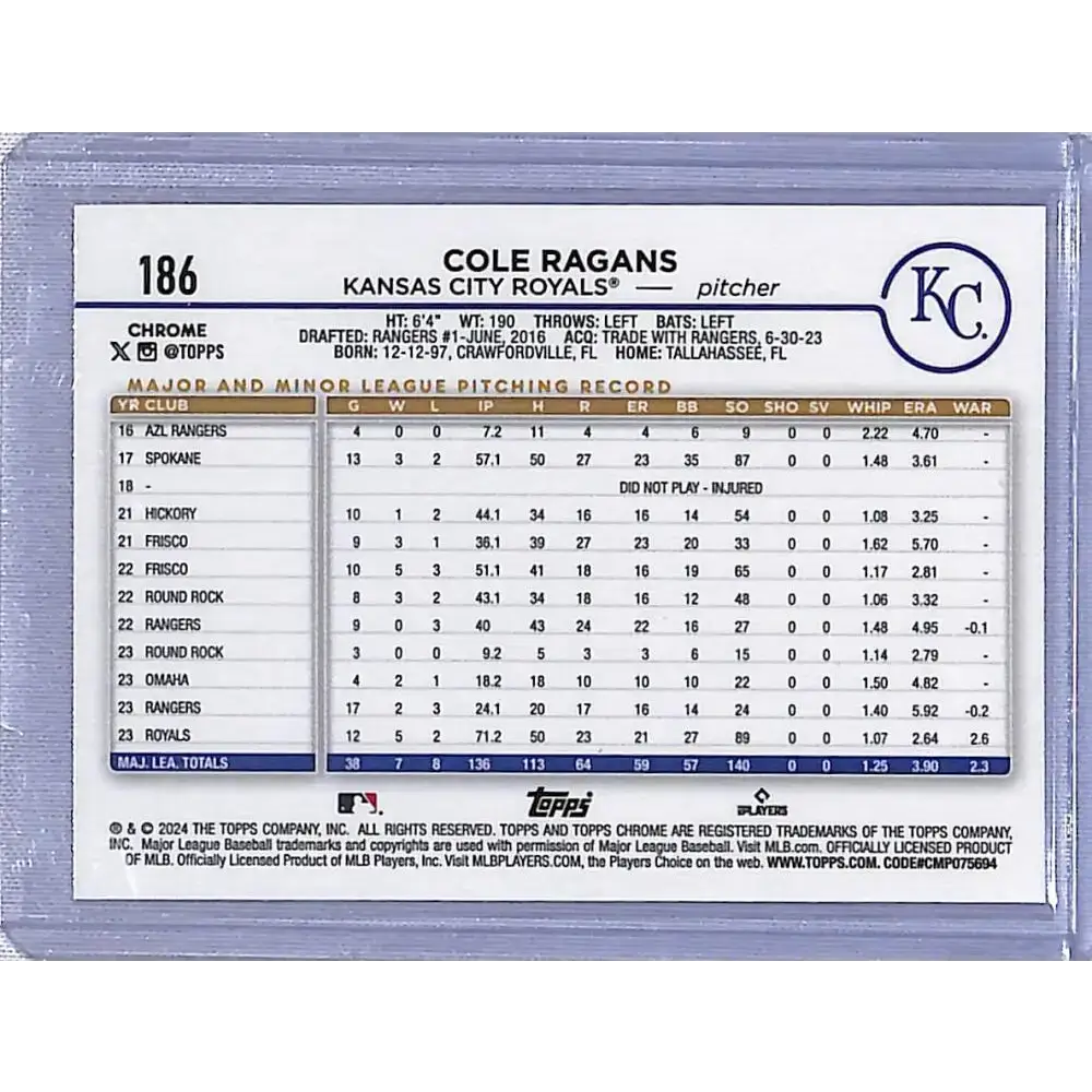 2024 Topps Chrome Refractor Magenta Speckle #186 Cole Ragans NM-MT 239/350 Kansas City Royals - Baseball Card Single