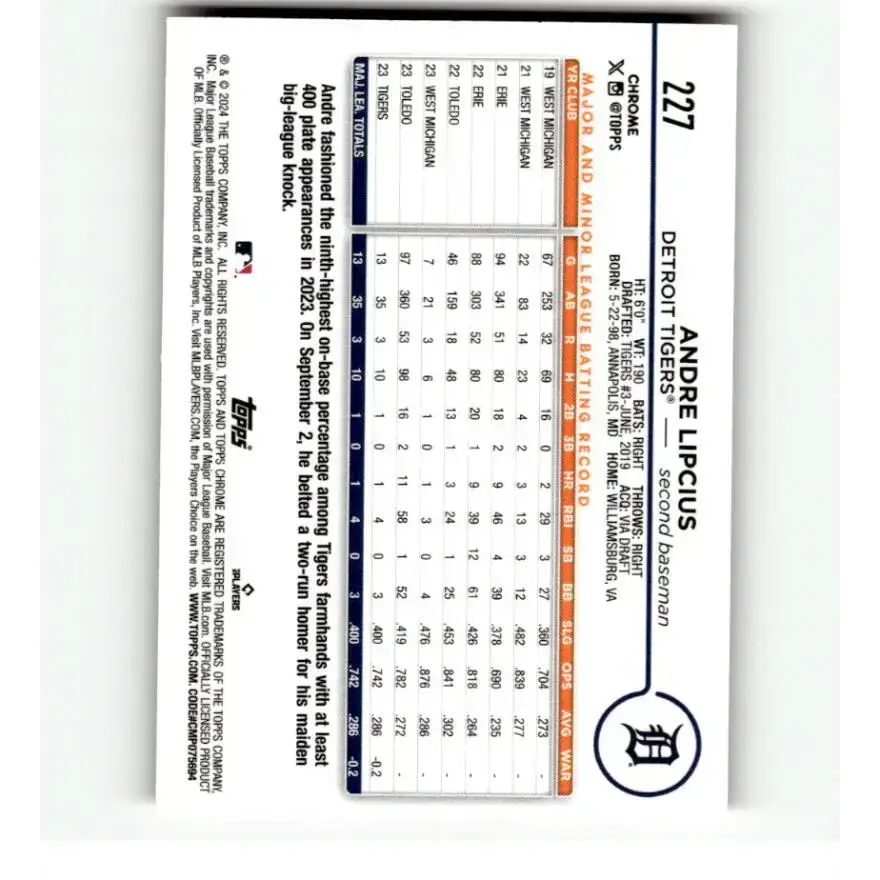 2024 Topps Chrome Refractor Pink #227 Andre Lipcius NM-MT RC Rookie Detroit Tigers Baseball Card