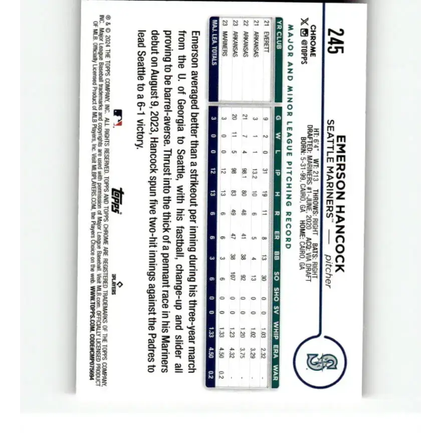 2024 Topps Chrome Refractor Pink #245 Emerson Hancock NM-MT RC Rookie Seattle Mariners Baseball Card