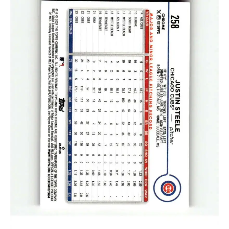 2024 Topps Chrome Refractor Pink #258 Justin Steele NM-MT Chicago Cubs Baseball Card