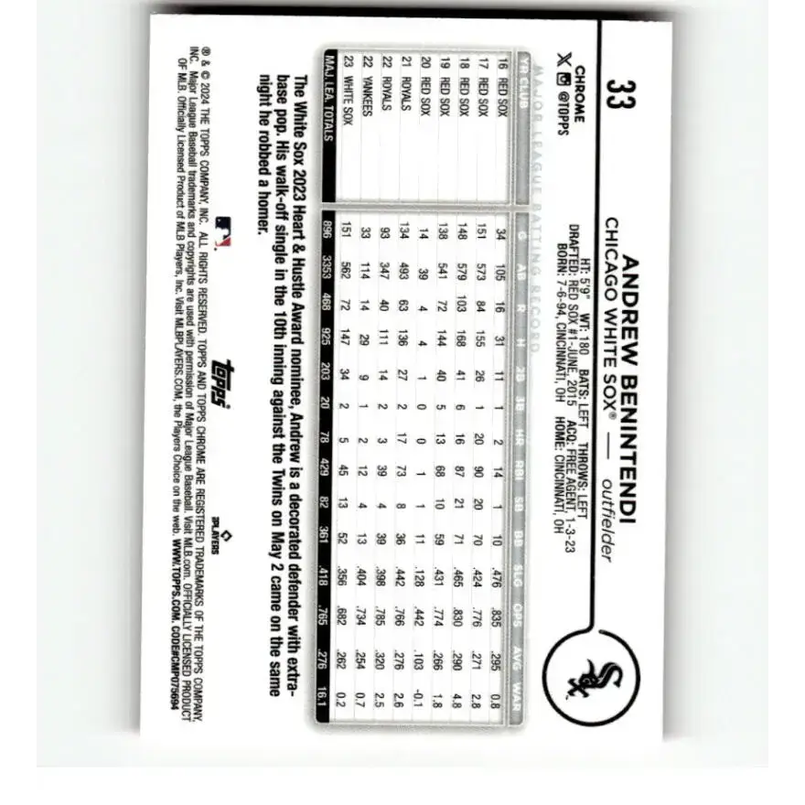 2024 Topps Chrome Refractor Pink #33 Andrew Benintendi NM-MT Chicago White Sox Baseball Card