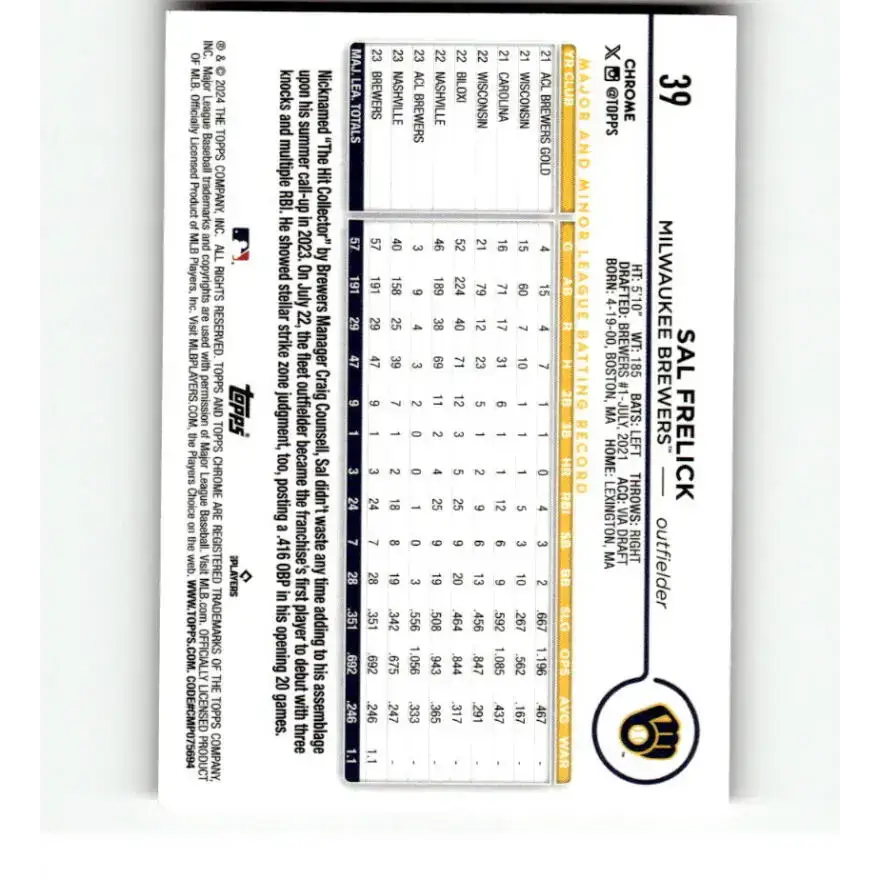 2024 Topps Chrome Refractor Pink #39 Sal Frelick NM-MT RC Rookie Milwaukee Brewers Baseball Card - Baseball Card Single