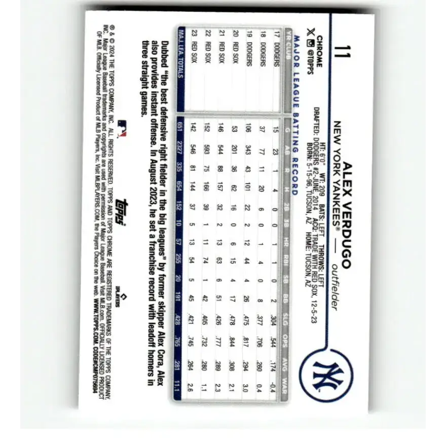 2024 Topps Chrome Refractor Prism #11 Alex Verdugo NM-MT New York Yankees Baseball Card - Baseball Card