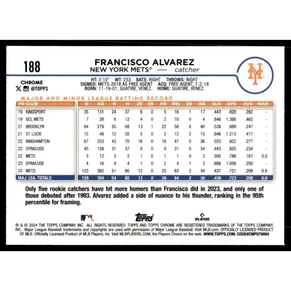 2024 Topps Chrome Refractor Prism #188 Francisco Alvarez NM-MT New York Mets Baseball Card - Baseball Card Single