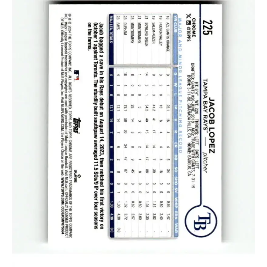 2024 Topps Chrome Refractor Prism #225 Jacob Lopez NM-MT RC Rookie Tampa Bay Rays Baseball Card - Baseball Card