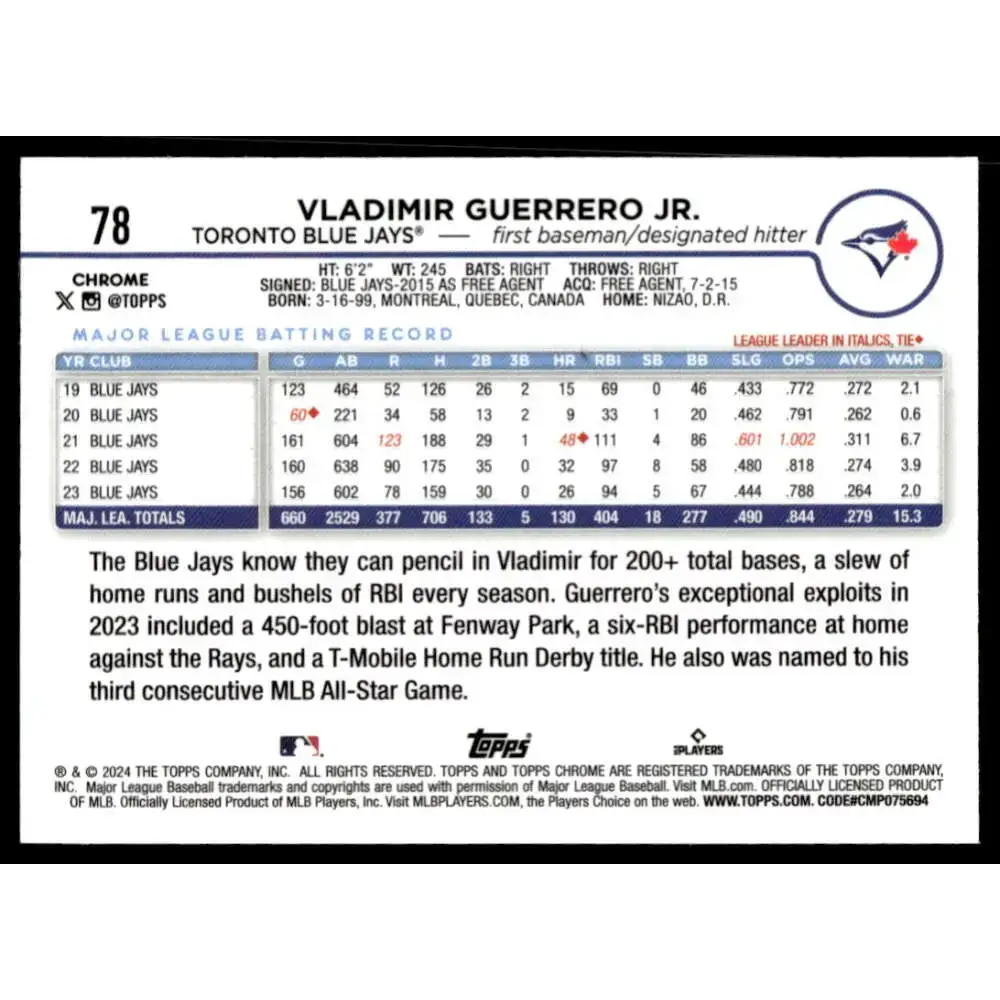 2024 Topps Chrome Refractor Prism #78 Vladimir Guerrero Jr. NM-MT Toronto Blue Jays Baseball Card - Baseball Card Single