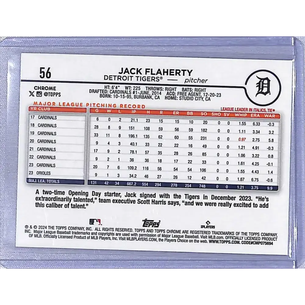 2024 Topps Chrome Refractor Purple #56 Jack Flaherty NM-MT 241/250 Detroit Tigers Baseball Card