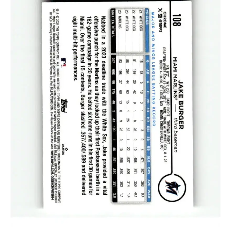 2024 Topps Chrome Refractor RayWave #108 Jake Burger NM-MT Miami Marlins Baseball Card