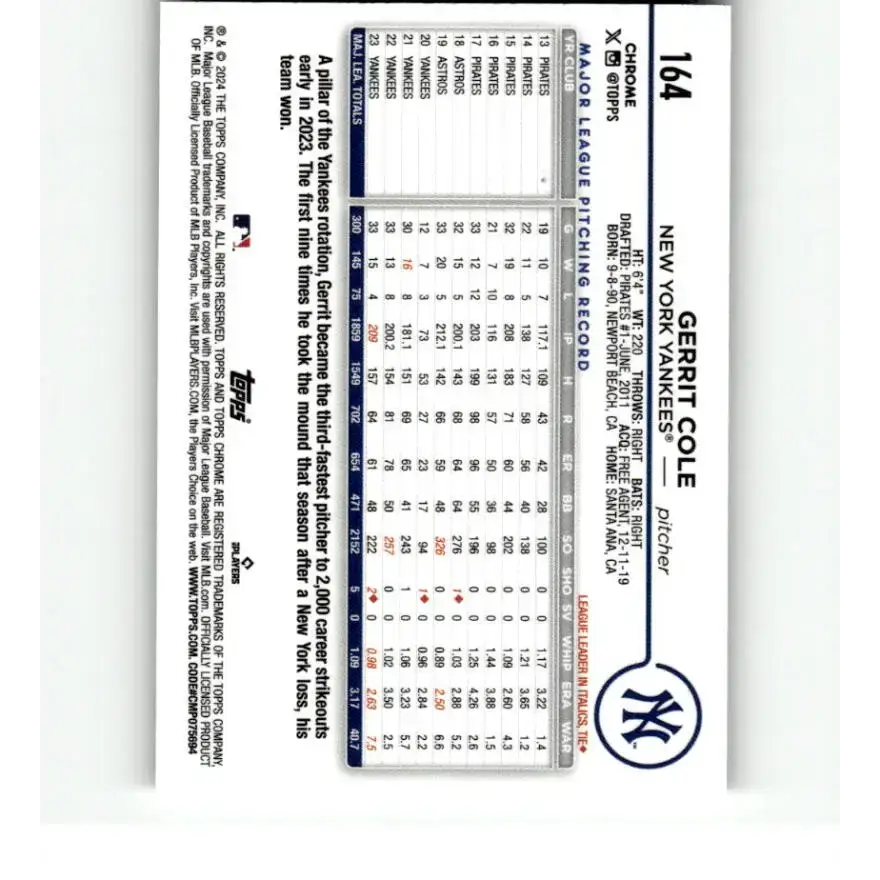 2024 Topps Chrome Refractor RayWave #164 Gerrit Cole NM-MT New York Yankees Baseball Card