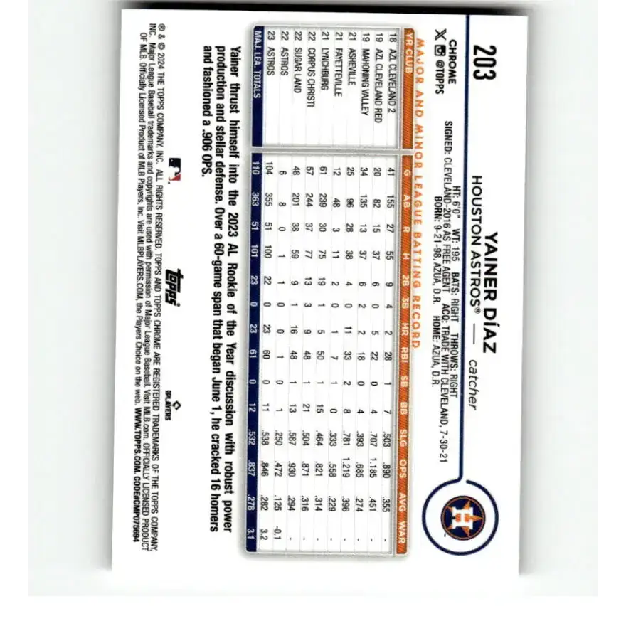 2024 Topps Chrome Refractor RayWave #203 Yainer Diaz NM-MT Houston Astros Baseball Card